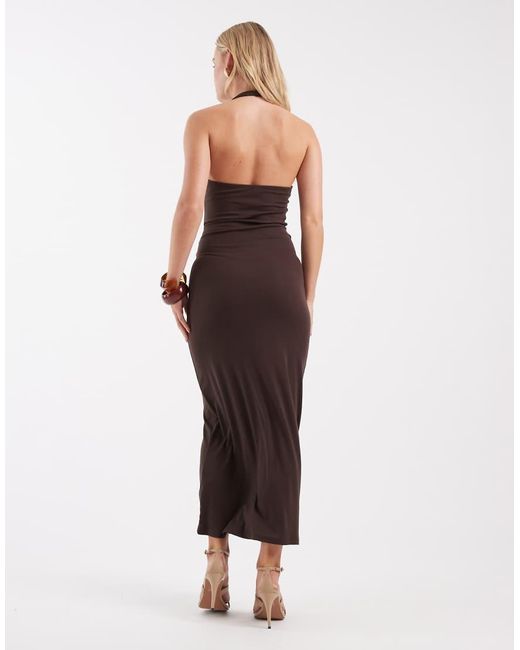 4th + Reckless Petite Brown Soft Jersey Scoop Neck Halterneck Drape Tie Front Maxi Dress