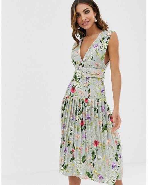 ASOS Botanical Floral Plunge Belted Pleated Midi Dress | Lyst