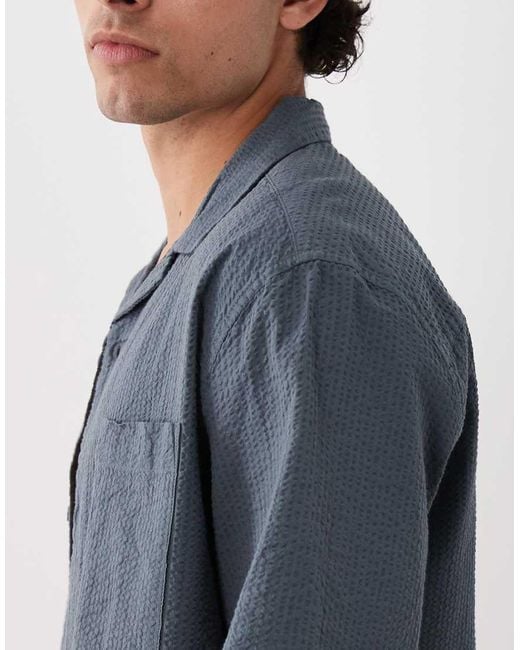 ASOS Blue Co-Ord Relaxed Revere Seersucker Shirt for men