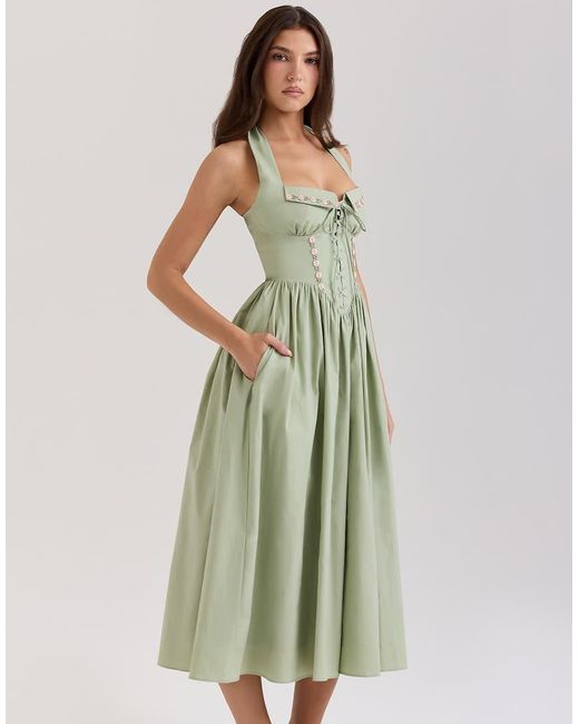 House Of Cb Green Emilia Stretch Cotton Halter Neck Midi Dress