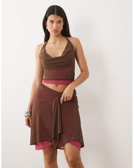 Motel Brown Erinhadi Pink Lace Hem Midi Skirt