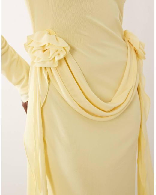 DASKA Natural Mesh Slash Cowl Neck Corsage Drape Detail Maxi Dress