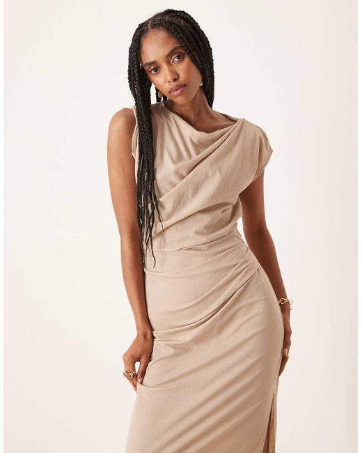 ASOS Natural Linen Look Twist Shoulder Drape Midi Dress