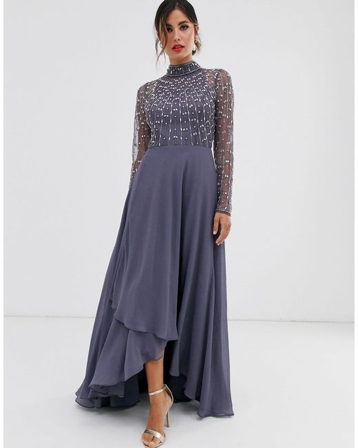 ASOS Blue Maxi Dress With Linear Embellished Bodice And Wrap Skirt