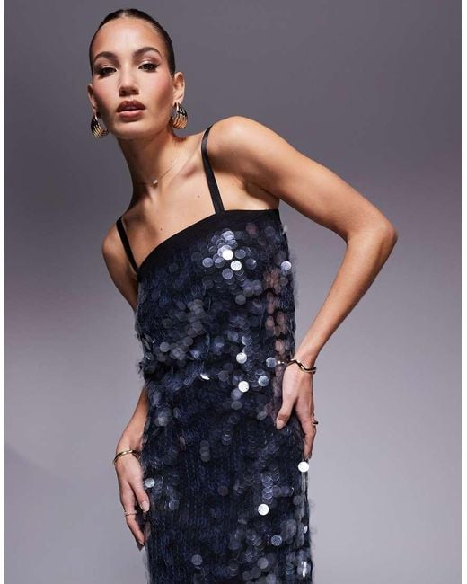 River Island Blue Sequin Midi Slip Dress