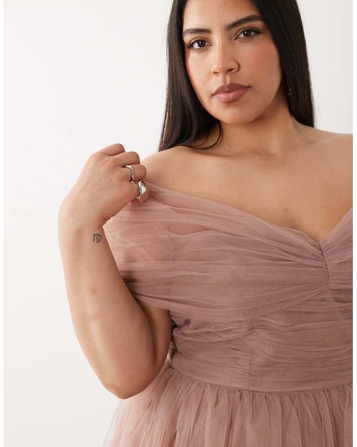 Lace & Beads Plus Brown Bridesmaid Tulle Bardot Maxi Dress