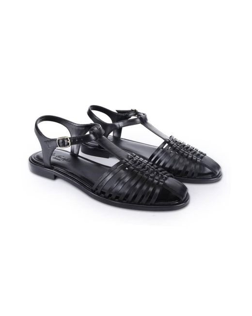 OFF THE HOOK Blue Sylvia Leather Woven T-Strap Sandals With Buckle Closure