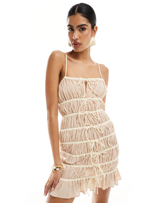 ASOS Natural Tiered Mini Dress With Contrast Tie Straps