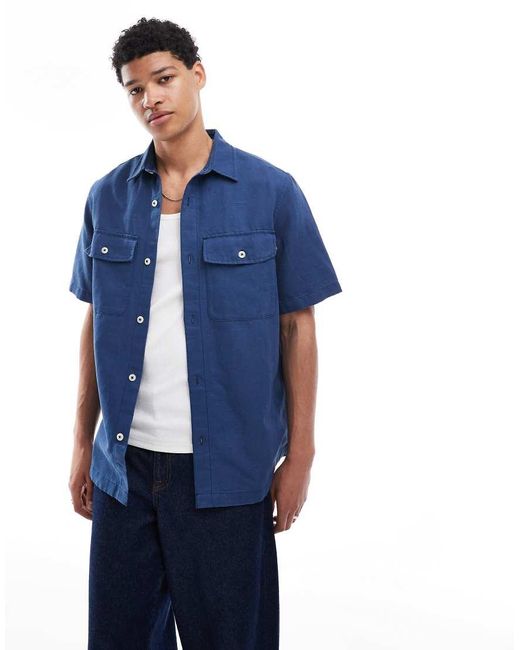Timberland Blue Cotton Linen Utility Overshirt for men