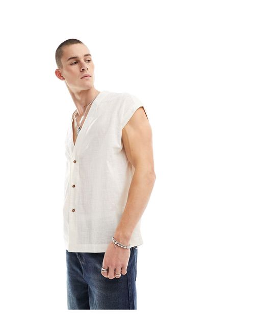 Chemise décontractée sans manches aspect lin - beige ASOS pour homme en coloris White