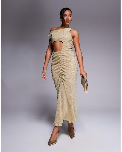 ASOS Gray Asym Neck Cut Out Ruching Detail And Split Maxi Dress