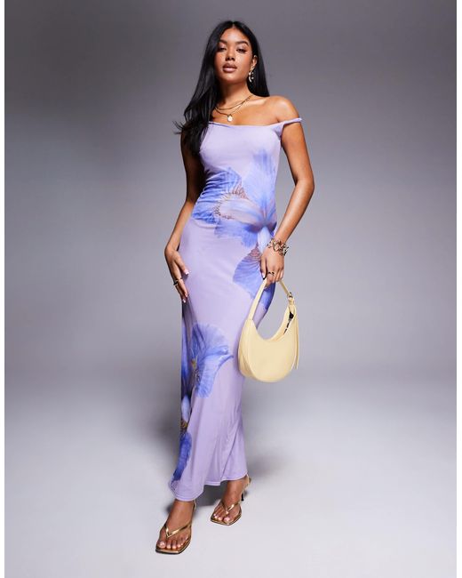 Kaiia Blue Exclusive Double Layered Slinky Mesh Floral Twist Off Shoulder Maxi Dress