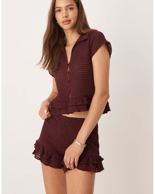 ASOS Natural Co-ord Crochet Shorts With Ruffle Hem Detail