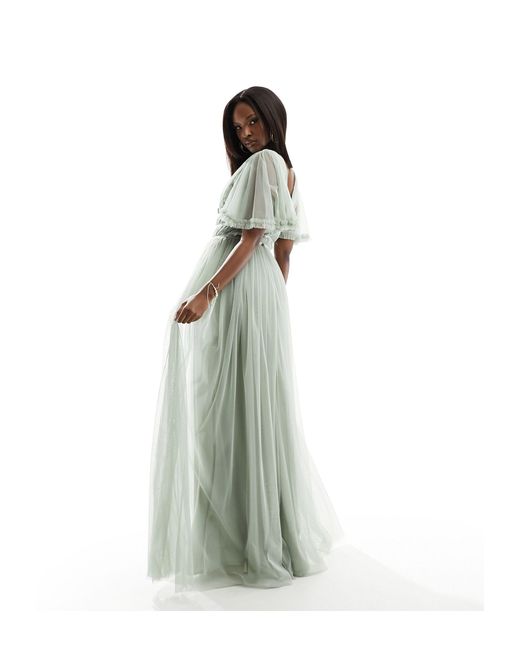 Beauut White Bridesmaid Tulle Maxi Dress With Flutter Sleeve