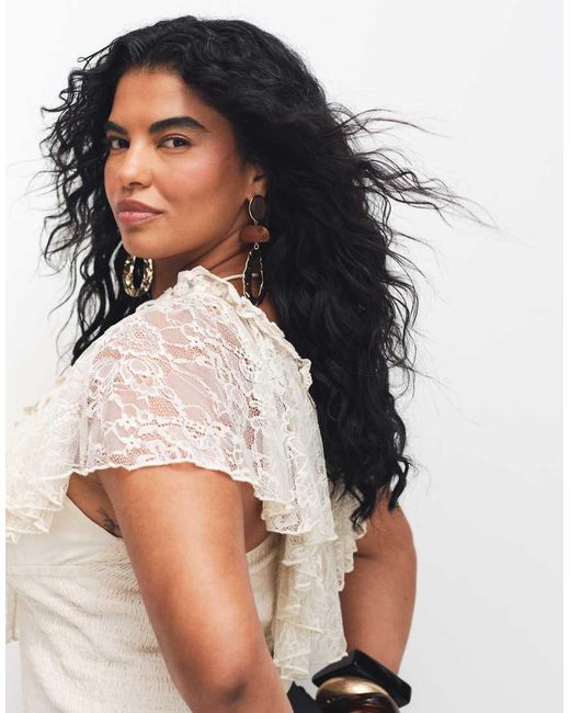 ASOS White Asos Design Curve Shirred Lace Overlay Tie Back Top