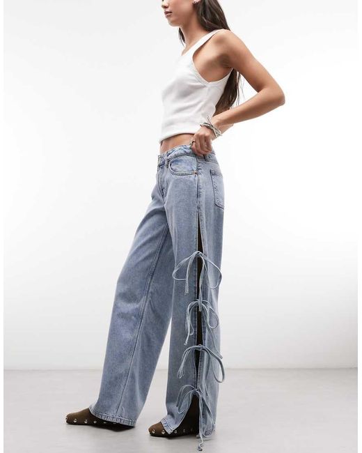 Monki Blue Low Waist Wide Leg Jeans With Side Tie Bow Detail