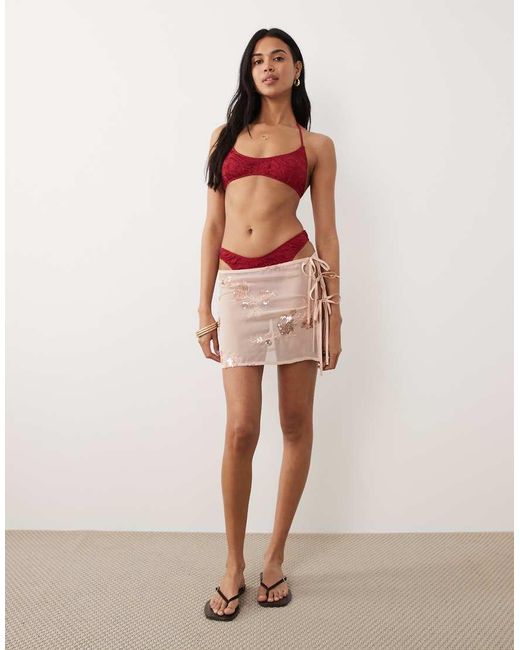 Miss Selfridge Red Beach Floral Sequin Mini Tie Side Sarong