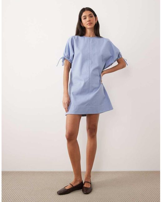 ASOS Blue Crew Neck Mini Dress With Tie Sleeve Detailing