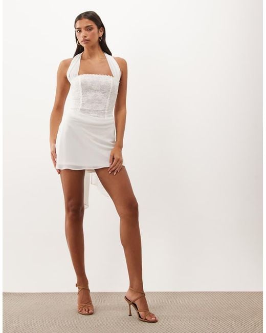 Oh Polly White Chiffon Halter Neck Embellished Lace Corset Mini Dress