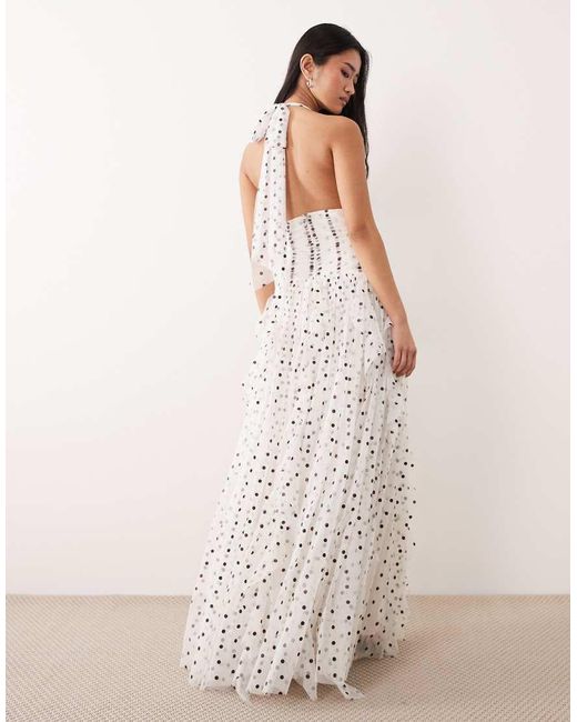 LACE & BEADS Natural Tulle Halter Neck Ruffle Detail Maxi Dress