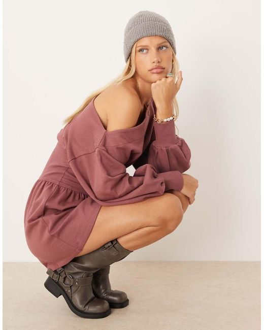 ASOS Pink Cotton Slash Neck One-shoulder Elasticated Waisted Mini Dress