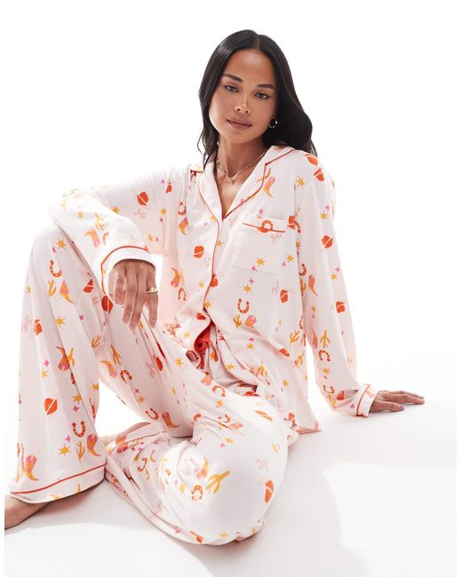 Loungeable Pink Super Soft Jersey Pyjama Revere Top And Wide Leg Pants Set With Piping Detail