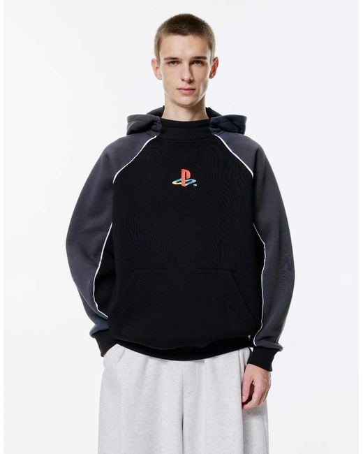 Felpa Nera A Pannelli Con Cappuccio E Stampa Playstation X Stwd di Pull&Bear in Blue da Uomo