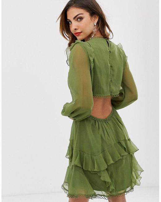ASOS Mini Dress With Long Sleeve And Circle Trim in Green | Lyst