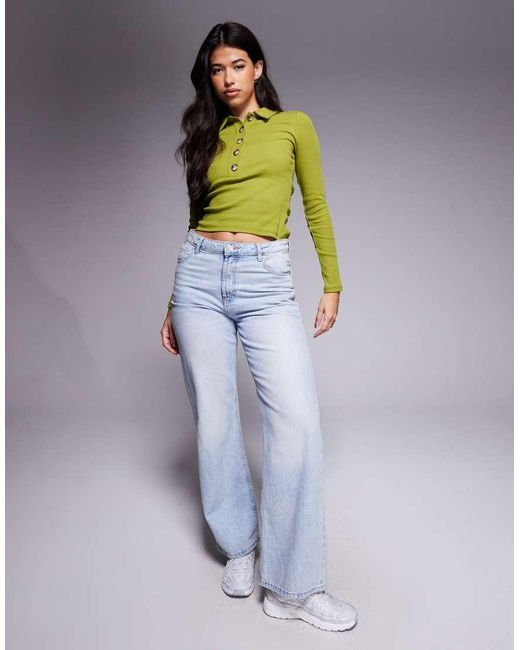 ASOS Green Cotton Rib Polo Long Sleeve Top