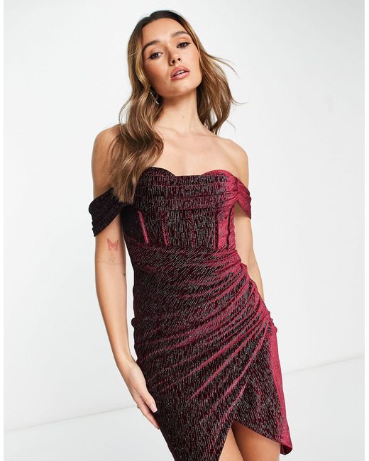 Lavish Alice Glitter Velvet Off Shoulder Midi Dress in Red | Lyst Canada
