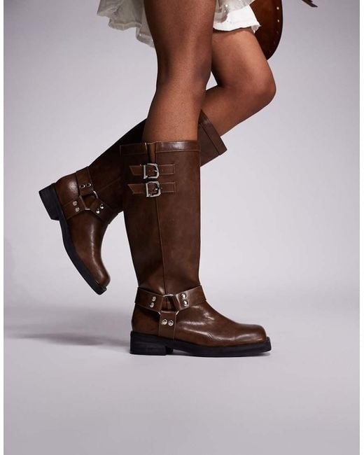 Public Desire Brown Sirius Flat Harness Knee Boots