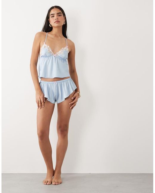 Boux Avenue Blue Nyra Satin Cami With Floral Lace Trim Detail