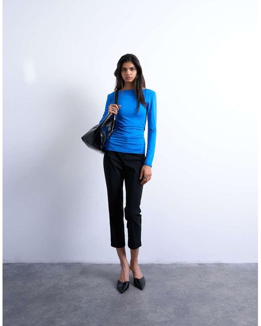 TOPSHOP Top Van Gladde Stof Met Lage Ronde Achterkant En Lange Mouwen in het Blue