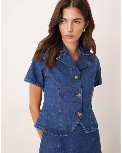 ASOS Denim Overhemd Met V-Hals En Korte Mouwen in het Blue