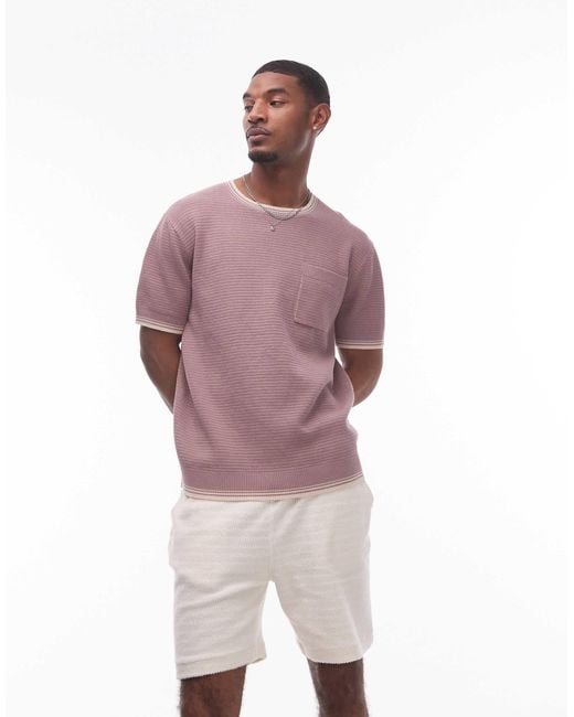 Topman Purple Ottoman Knit T-shirt With Piped Collar And Hem for men