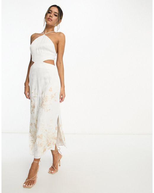 ASOS White Satin Halter Floral Embroidered Midi Dress With Cut Out Back