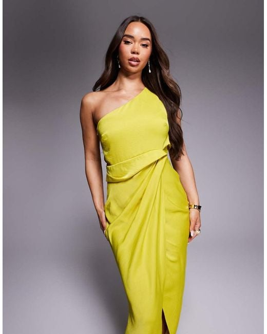 ASOS Yellow One Shoulder Satin Knot Detail Midi Dress
