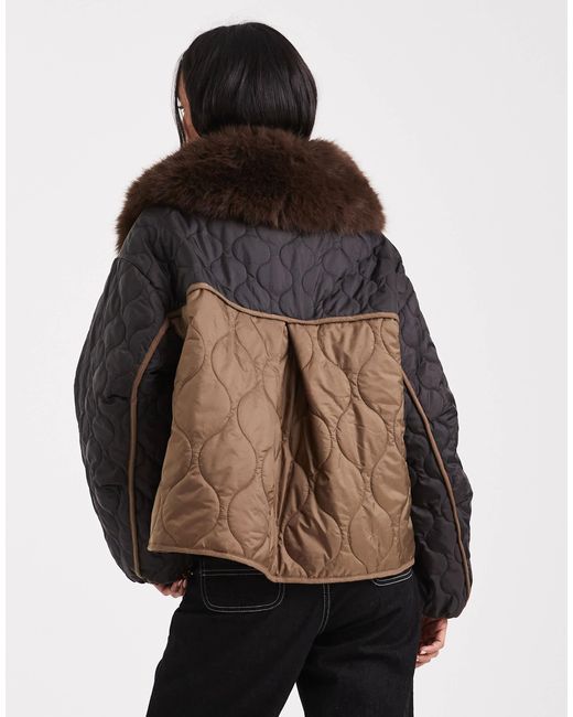 ASOS Brown Quilted Hybrid Teddy Collarless Jacket With Pink Lining