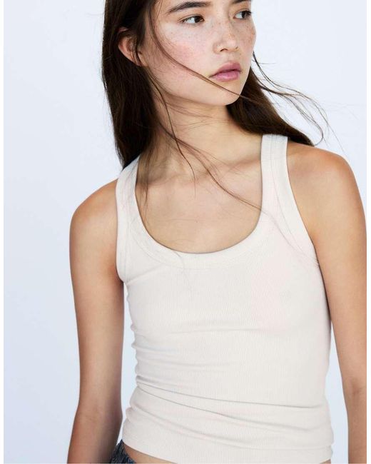 Pull&Bear Geribbelde Tanktop in het Natural
