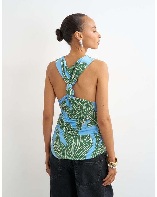 TOPSHOP White Printed Slash Neck Cowl Back Top