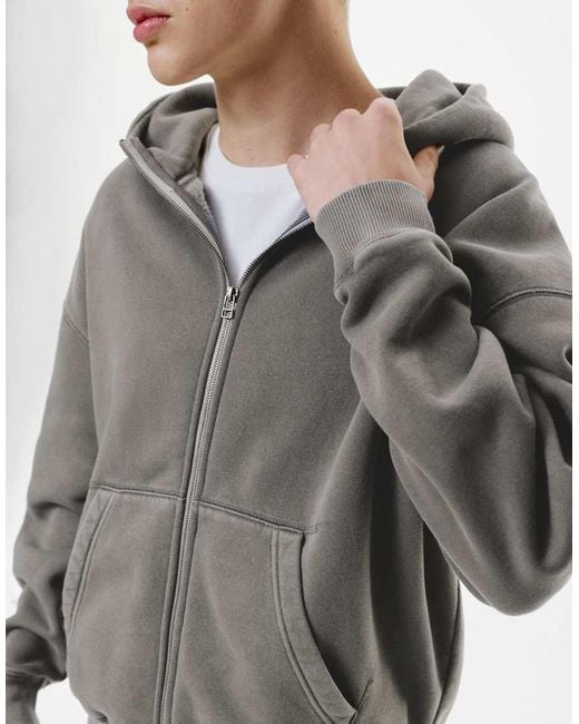 Pull&Bear Gray Washed Boxy Zip-Up Hoodie for men