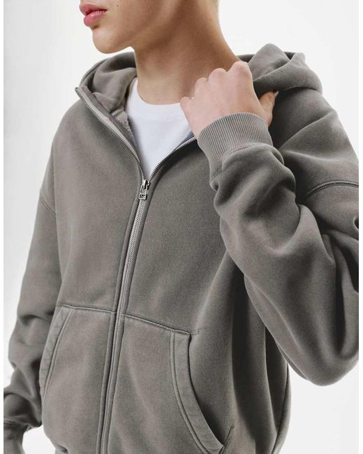 Pull&Bear Gray Washed Boxy Zip-Up Hoodie for men