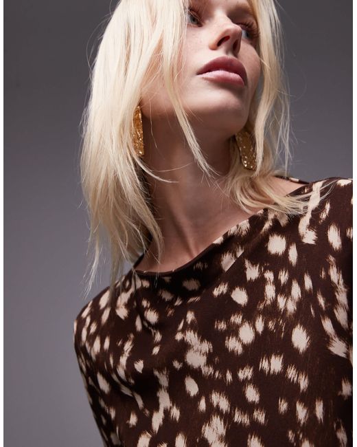 TOPSHOP Brown Long Sleeve Slash Neck Mini Dress