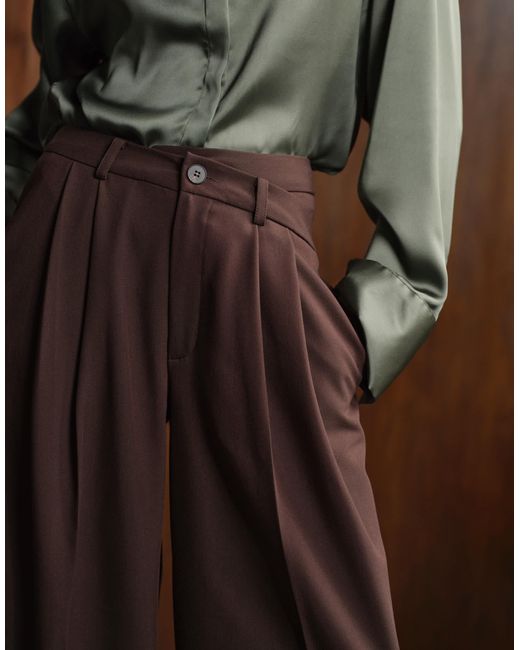 ASOS Brown Tailored Low Rise Wide Leg Pants With Asymmetric Waistband