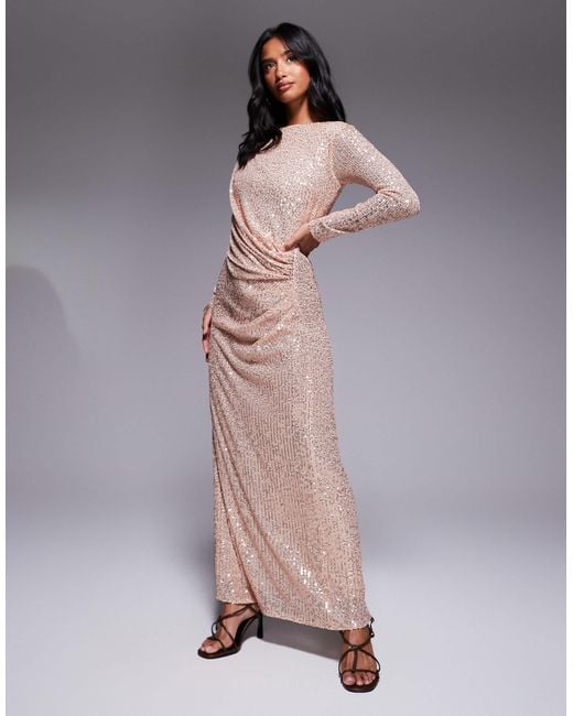 Jaded Rose Petite Women's Metallic Sequin Modest Maxi Dress With Ruched Detail Jaded Rose Petite Women's Metallic Sequin Modest Maxi Dress With Ruched Detail