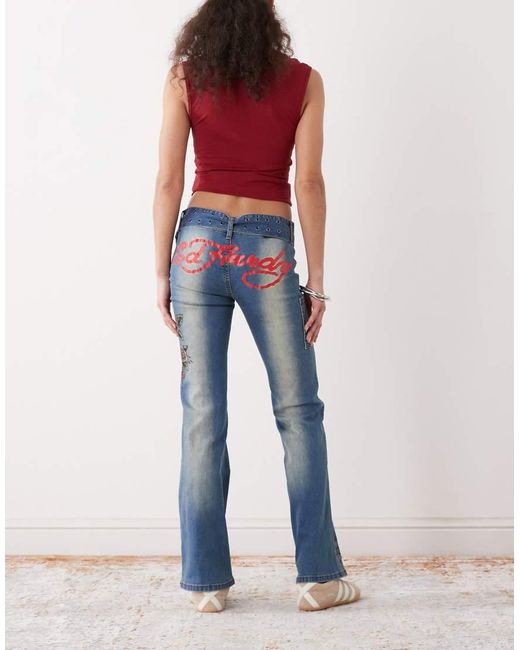 Ed Hardy Blue Eyelet Belt Straight Leg Tattoo Patch Jean