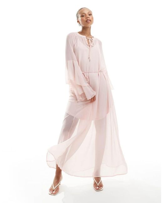 Vero Moda Pink Boho Frill Sleeve Tie Waist Maxi Dress