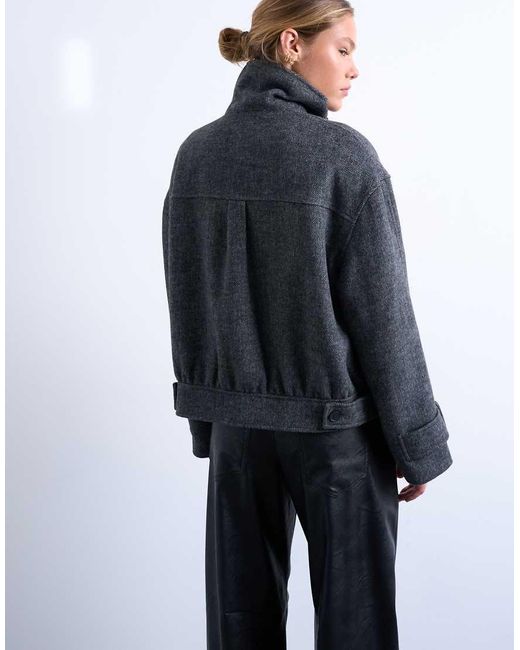 TOPSHOP Blue Wool Blend Bomber Jacket With Tab Detail