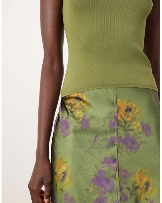 ARRANGE Green Knit Drop Waist Midi Dress With Satin Skirt