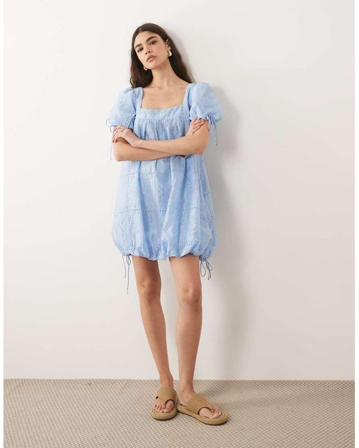 ASOS Blue Square Neck Bubble Mini Dress With Embroidery Detail